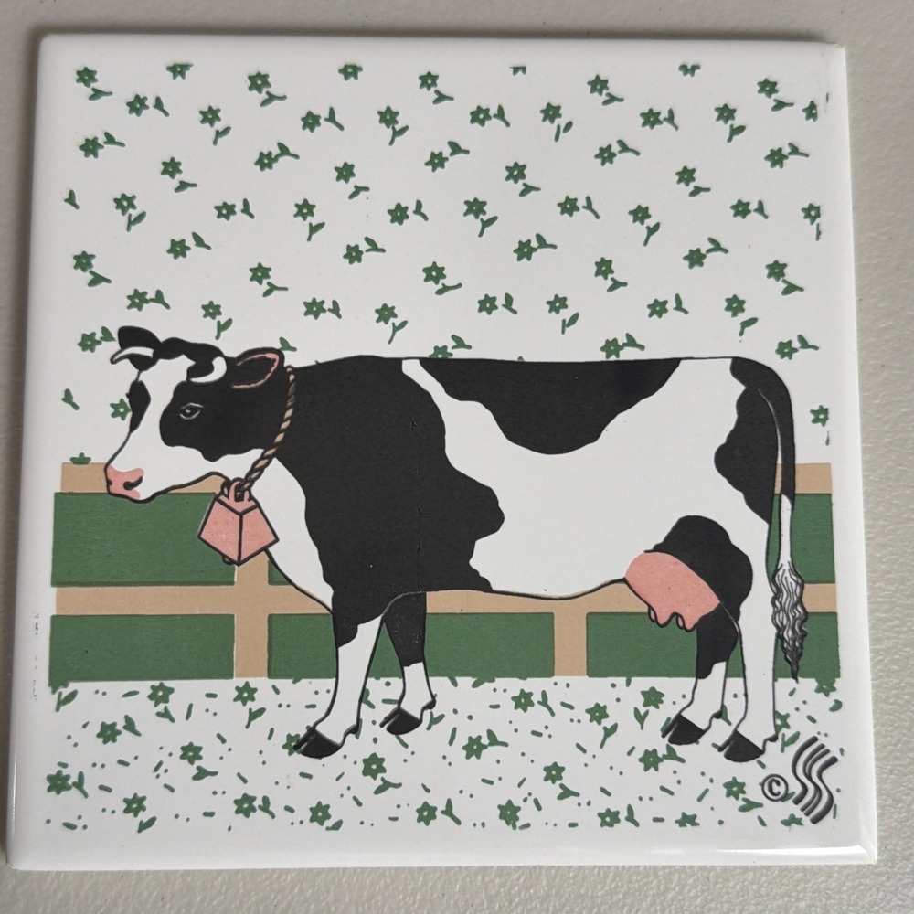 Vintage Steven's Linen Assoc. Cow Decorative Tile 6"x6"